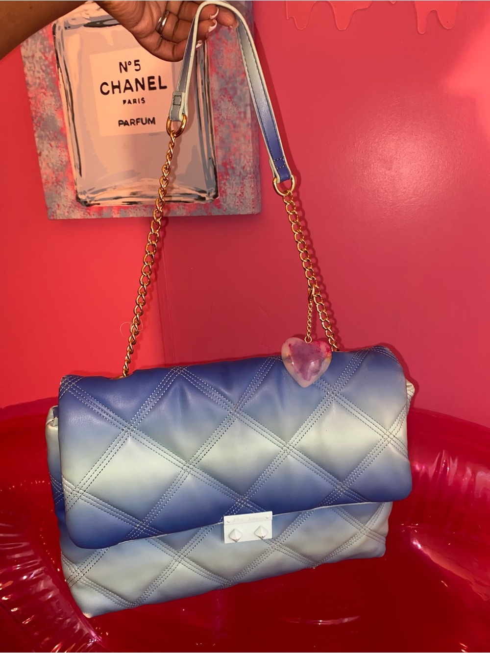 Gradient Blue Quilted Shoulder Bag with Heart Charm